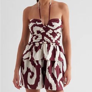 Express Halter Neck Romper in Burgundy and White